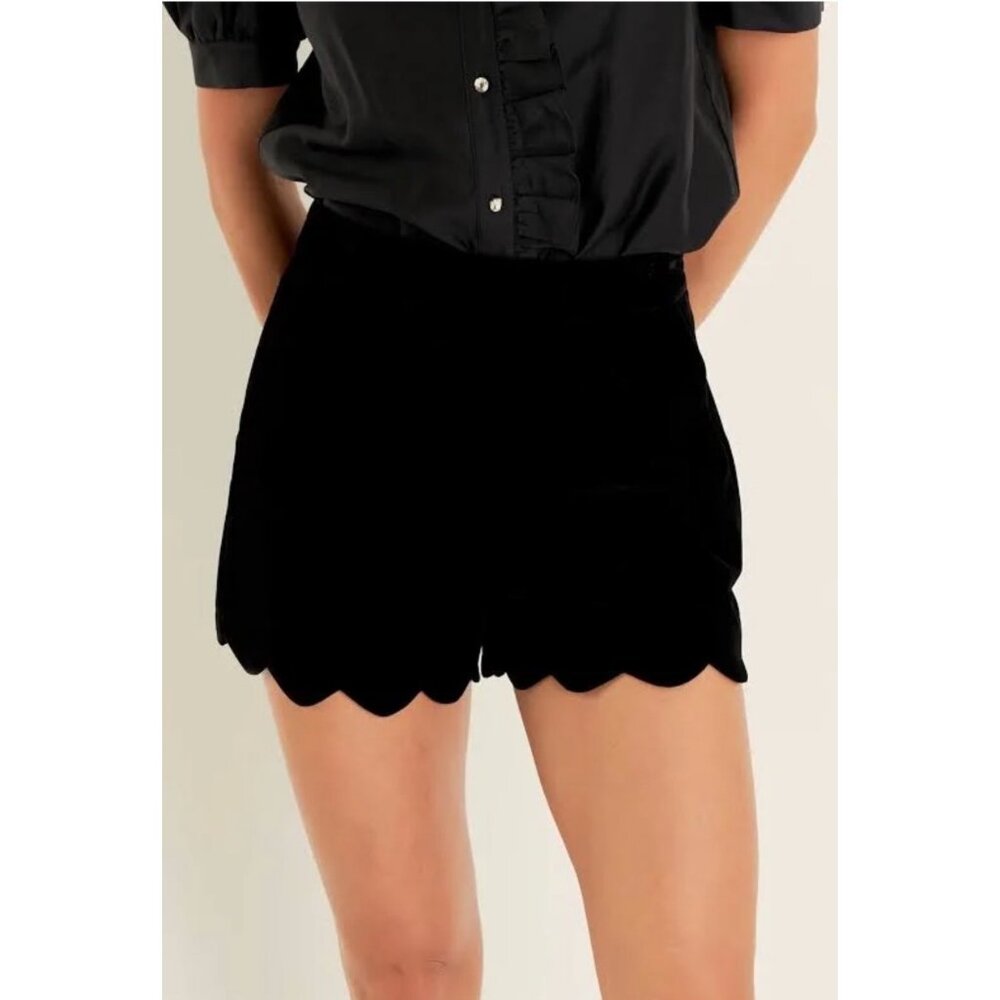 Ella Moss Black High Waist Casual Boho Preppy Scalloped Hem Shorts